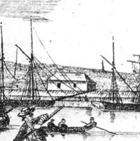 Image: A sketch of nineteenth century Port Adelaide’s waterfront, featuring a small number of buildings, a wharf, and a number of sailing ships and small boats moored in the harbour