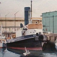 Image: A watercolour painting of a tug boat moored alongside a wharf. The name ‘Yelta’ is painted on the vessel’s bow