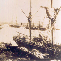 Image: A sailing ship is tied up alongside a long wharf. Horse-drawn carts full of cargo are positioned on the wharf next to the ship. Other sailing ships are visible in the background
