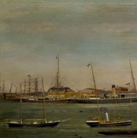 Image: Several sail- and steam-driven ships are moored at a long wharf. Smaller vessels are shown in the foreground, and several waterfront buildings are just visible in the background