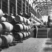 Image: Two men working in large shed space with wine barrels