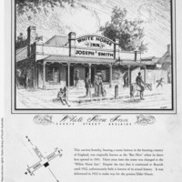 Image: An illustration of the Whitehorse Inn on Currie street as it stood prior to its demolition to make way for Elder House. The image shows a quaint pub with people and horses nearby.