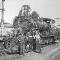 Image: Front view of a train decorated in foliage, two men stand at the front of the train