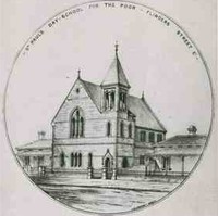 Image: a round bordered illustration of a church with a single spire on it's right hand side 