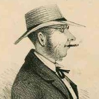 Image: a lithograph of a man in profile wearing a straw hat and smoking a cigar