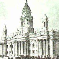 Image: a sketch of a large building with decorative columns, towers and a huge dome.