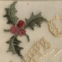 Image: embroidered holly, buildings and trees