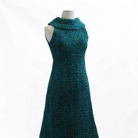 Image: peacock blue sparkling evening dress, sleeveless with long skirt