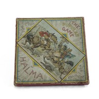 Image: cardboard box showing drawing of two men sword fighting on horseback