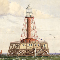 Image: A watercolour painting of a red lighthouse tower with a white lantern room. At the base of the tower is a wooden platform supported by numerous wooden piles. A man stands on the platform at far right 
