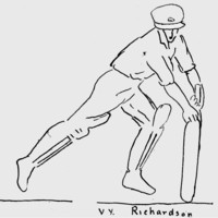 Image: A simple line drawing of a man in cricket batsman attire swinging a cricket bat