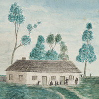 Image: painting of building with figures holding spears in foreground