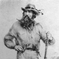 Image: Illustration of a bearded man leaning on a rifle and armed with two pistols attached to his belt, c.1855