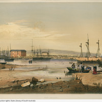 Image: A colour lithograph of the Port Adelaide waterfront during the early nineteenth century. A group of men and women are embarking aboard a row boat, and a three-masted ship rides at anchor in the harbour. Other ships are moored at a wharf