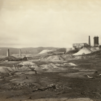 Image: Black and white photograph of a landscape view of Kapunda Mines in the late nineteenth century