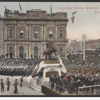 Image: coloured image of people around statue pulling off cover for the unveiling ceremony