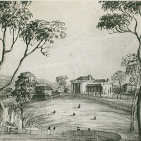 Image: a sketch of a small town on the banks of a river. There is an assortment of one and two storey buildings. The foreground features fenced roads and groups of Indigenous people. 