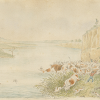 Image: A 1939 painting of men with dogs and horses crossing cattle over a major river.