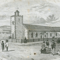 Image: black and white sketch of people gathered in pairs or small groups outside a squat stone church with a single tower which is surrounded by a wooden fence. 