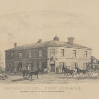 Image: A lithograph of a large, two-storey stone building of mid Victorian-era vintage. Several ship masts are visible behind the building. The title ‘Railway Hotel, Port Adelaide’ is printed at the bottom of the illustration