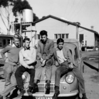 Image: four young men sitting on bonnet of car, buildings in background