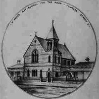Image: a round bordered illustration of a church with a single spire on it's right hand side 