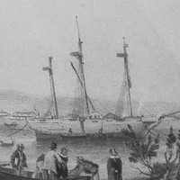 Image: A muddy riverbank and river with several sailing ships at anchor just offshore. A small group of people alight from a rowboat in the foreground