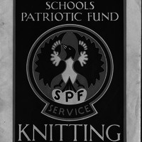 Image: Booklet cover in red, blue and brown-yellow. It reads "Schools Patriotic Fund Knitting" and has an illustration of a bird with the words SPF Service written below it.