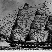 Image: pen and ink drawing of sailing ship