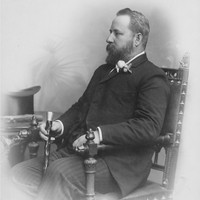 Image: caucasian man with beard holding a cane poses for photograph in chair