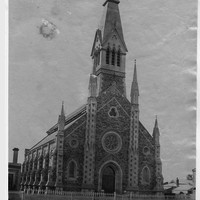 Image: view of church facade and bell tower from Flinders street