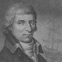 Drawing of man's head and shoulders with tall ship in the background. 
