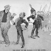 Image: A cartoon drawing depicting a group of soldiers, and a sergeant who is trying to conscript a man 
