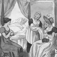 Taking Caudle, (baby, midwifery), Richard Dagley caricature, 1821.