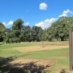 Image: a grassy park with a variety of species of trees. In the foreground is a  red and green sign with the name of the park (Rymill Park/Mullawirraburka), some other printed text which cannot be made out in this photograph, and a map.