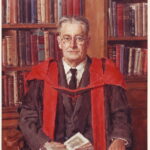 Image: A painted portrait of a middle-aged man sitting in a chair in front of a large bookcase. He is wearing wire-rimmed spectacles, a suit and tie, and academic gown