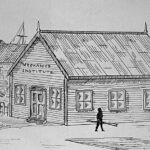 Image: A sketch of a simple wooden building with high-gabled roof. The words ‘Mechanics Institute’ are painted on the front of the building