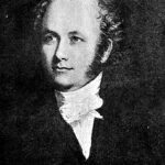 Image: A painted head-and-shoulders portrait of a young, balding man with long sideburns and wearing early Victorian attire