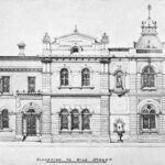 Image: An architectural illustration of a large, two-storey Victorian-Italianate building. The words ‘Institute of Arts & Sciences’ are visible on the top front of the building