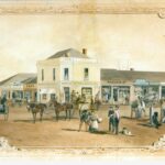 Image: Watercolour image of a corner store with pedestrians