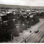 Image: Tree-filled city park with trams in foreground and prominent building facade in background