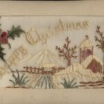 Image: embroidered holly, buildings and trees