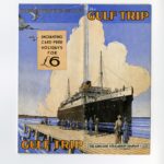 Image: printed picture of large steamship with people waving at dock