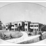 Image: Sketch of a white, two-storey building. A garden with emus is in the foreground