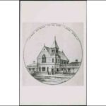 Image: a round bordered illustration of a church with a single spire on it's right hand side