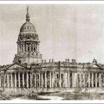 Image: a drawing of a huge building with columns along its entire facade and a massive central dome.