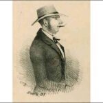 Image: a lithograph of a man in profile wearing a straw hat and smoking a cigar