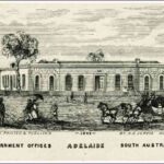 image: a drawing of a single storey building with arched windows behind a picket fence. On the street in front of the building is a coach and four, a group of children, a couple with a parasol, a boy with an armful of packages and an Aboriginal man.