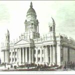 Image: a sketch of a large building with decorative columns, towers and a huge dome.