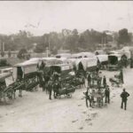 Image: A large number of horse-drawn carts as well as some men with hand-carts loaded with fruit and vegetables crowd a dirt road lined by parklands.